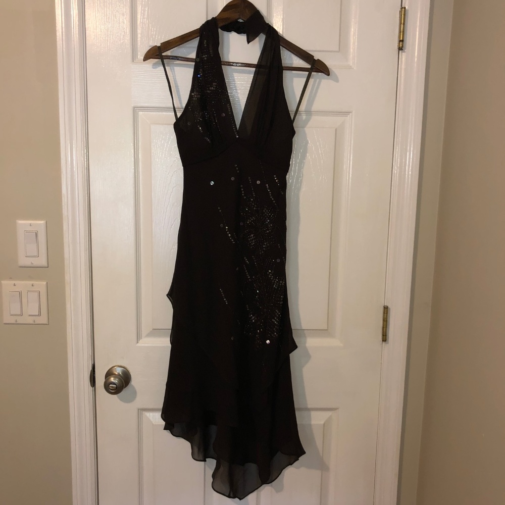 BCBGMAXAZRIA Brown Sequin Halter Dress